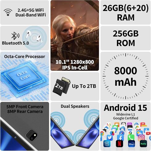 Android 15 Tablet with Keyboard, 10 inch Tablet with 26GB+256GB+2TB Expand in Kuwait