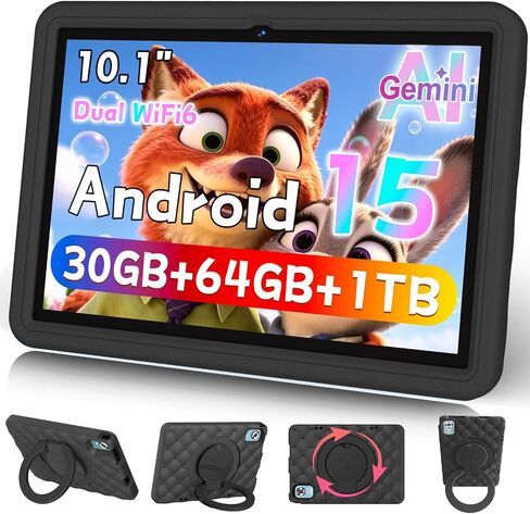 DMOAO 10.1 Inch Kids Tablet Android 15-30GB RAM+64GB ROM(1TB Expandable), Octa-Core 2.0GHz, Anti-Blue Light Screen, 6000mAh, WiFi 6, 5MP+8MP, Parental Controls, EVA Case, Preloaded Edu Apps - Black in Kuwait