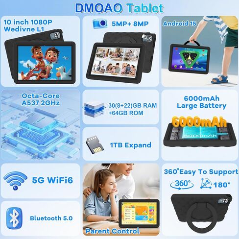DMOAO 10.1 Inch Kids Tablet Android 15-30GB RAM+64GB ROM(1TB Expandable), Octa-Core 2.0GHz, Anti-Blue Light Screen, 6000mAh, WiFi 6, 5MP+8MP, Parental Controls, EVA Case, Preloaded Edu Apps - Black in Kuwait