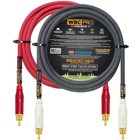 8 Foot RCA Cable Pair - WBC-PRO-Quad Ultra-Silent, Ultra-Flexible, Star-Quad Audiophile & Pro-Grade Audio Interconnect Cable with Amphenol ACPR Gold RCA Plugs - Gray & Red Jacket - Directional in Kuwait