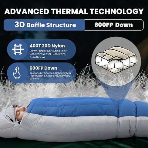 Mummy Down Sleeping Bag, 0°F 10°F 15°F 20°F 600 Fill Power Lightweight Compact Sleeping Bag,Cold and Warm Weather for Adults Camping in Kuwait