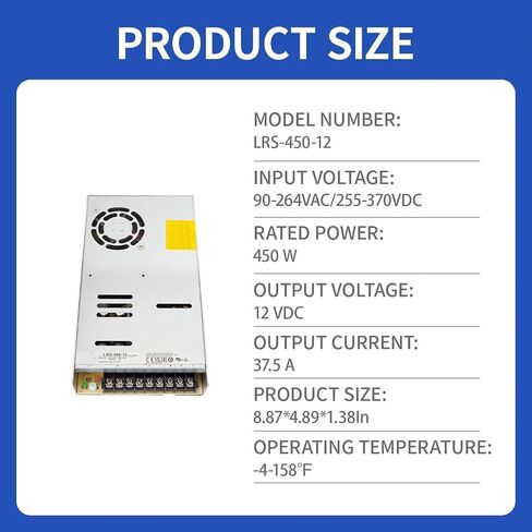 LRS-450-12 450W 12V 37.5A Industrial Power Supply – 90% High Efficiency, 5G Vibration Resistant, -20℃+70℃ Wide Temp, 1U Low Profile, 3-Year Warranty in Kuwait