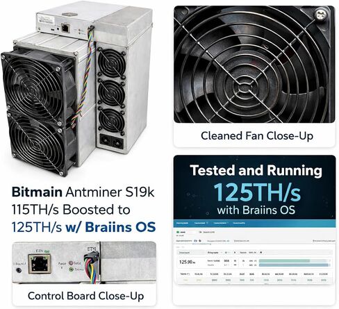 Antminer S19k Pro Bitcoin Miner, 115TH/s Boosted to 125TH/s, Braiins OS Installed, PSU Included, Used in Kuwait