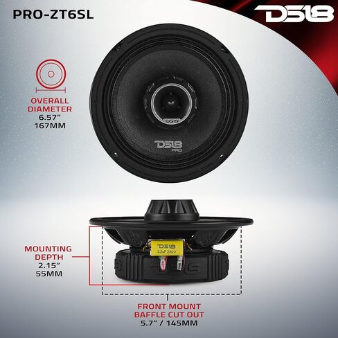DS18 PRO-ZT6SL 6.5" Ultra Slim 2-Way Midrange Speaker with Bullet Tweeter – 200W RMS / 400W Max, 4 Ohm, 2.15" Shallow Mount, High Sensitivity Car Audio Speaker (Single) in Kuwait