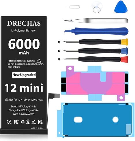Battery for iPhone 12 Mini 6000mAh, Upgraded Capacity 0 Cycle Li-Polymer Replacement Battery for iPhone 12 Mini Models A2400, A2399, A2398, A2176 with Complete Professional Repair Tool Kit in Kuwait