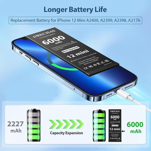 Battery for iPhone 12 Mini 6000mAh, Upgraded Capacity 0 Cycle Li-Polymer Replacement Battery for iPhone 12 Mini Models A2400, A2399, A2398, A2176 with Complete Professional Repair Tool Kit in Kuwait