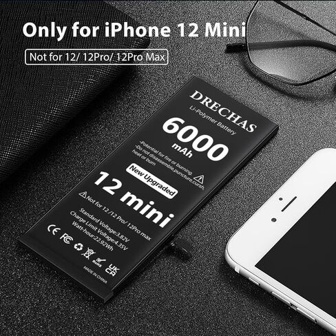 Battery for iPhone 12 Mini 6000mAh, Upgraded Capacity 0 Cycle Li-Polymer Replacement Battery for iPhone 12 Mini Models A2400, A2399, A2398, A2176 with Complete Professional Repair Tool Kit in Kuwait