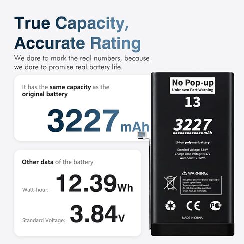 𝗡𝗼 𝗣𝗼𝗽-𝘂𝗽 𝗨𝗻𝗸𝗻𝗼𝘄𝗻 𝗣𝗮𝗿𝘁 𝗪𝗮𝗿𝗻𝗶𝗻𝗴 for iPhone 13 Diagnostic Battery,𝗧𝗿𝘂𝘁𝗵𝗳𝘂𝗹𝗹𝘆 𝗥𝗮𝘁𝗲𝗱 3227mAh Battery Replacement for iPhone 13 with Professional Repair Tool Kits in Kuwait