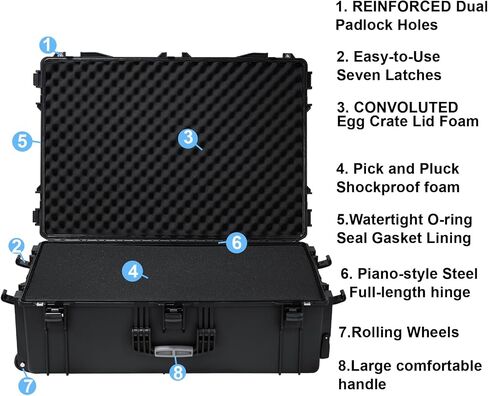 Regetek Rolling Case with Foam, 37 x 25.5 x 12 Inch, Transport Hard Case with Wheels/ 3 Large Handles for Camera, Tool, Equipment, Crushproof,Waterproof, Lockable, Inner 33.66" x 22.64" x 9.06" in Kuwait