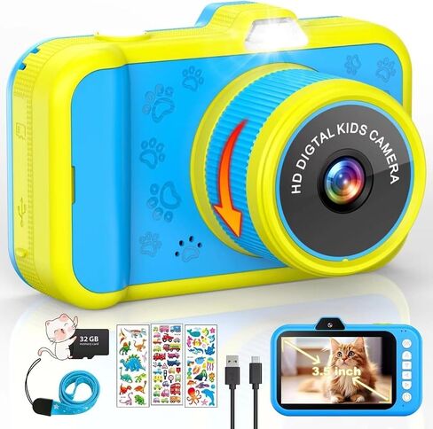 Kids Camera, 1080P 48MP Front Selfie Toddler Camera, 3.5 inch Big Screen Toy Camera, 10X Zoom in Chritmas Birthday Gift Cameras for Kids Boys Girl Age 2 3 4 5 6 7 8 9 10 11 12, Blue in Kuwait