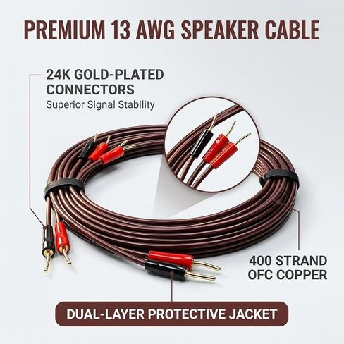 13 AWG Speaker Cable 2 Pack, 6FT OFC Oxygen-Free Copper Wire with 24K Gold Plated 2mm Pin Connectors, 400 Strands, for Amplifier, AV Receiver, Bookshelf Speaker, Home Theater & Hi-Fi Stereo System in Kuwait