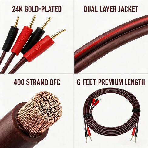 13 AWG Speaker Cable 2 Pack, 6FT OFC Oxygen-Free Copper Wire with 24K Gold Plated 2mm Pin Connectors, 400 Strands, for Amplifier, AV Receiver, Bookshelf Speaker, Home Theater & Hi-Fi Stereo System in Kuwait