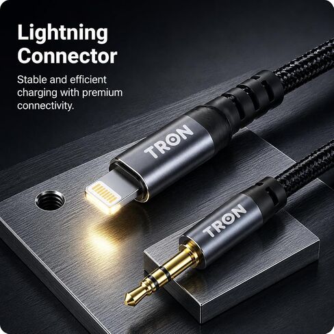 TRON Aux-Lighting Cable, 5 Feet, Braided, Hi-Fi Audio Cord for Car, Headphones, Speakers, Compatible with iPhone,Black, TR65 in Kuwait