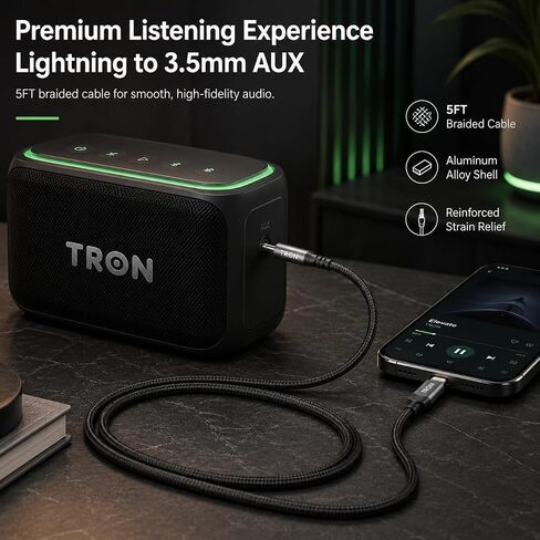 TRON Aux-Lighting Cable, 5 Feet, Braided, Hi-Fi Audio Cord for Car, Headphones, Speakers, Compatible with iPhone,Black, TR65 in Kuwait