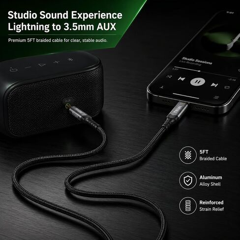 TRON Aux-Lighting Cable, 5 Feet, Braided, Hi-Fi Audio Cord for Car, Headphones, Speakers, Compatible with iPhone,Black, TR65 in Kuwait