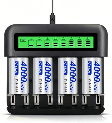 Rechargeable C Batteries with Charger, 4 Pack 4000mAh C Cell Batteries with LCD Universal Battery Charger for 1.2V Ni-MH Ni-CD AA AAA C D Batteries to Charge, Contains 4 pcs C Ni-MH Batteries in Saudi Arabia