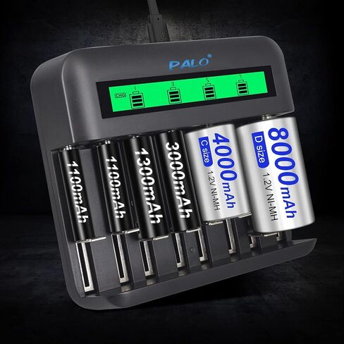 Rechargeable C Batteries with Charger, 4 Pack 4000mAh C Cell Batteries with LCD Universal Battery Charger for 1.2V Ni-MH Ni-CD AA AAA C D Batteries to Charge, Contains 4 pcs C Ni-MH Batteries in Saudi Arabia