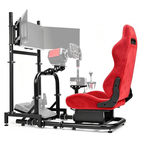 Minneer Stable Racing Simulator Cockpit with Red Suede Seat and Triple-screen monitor stand Fit for Logitech G29 G920, for Thrustmaster T248 T300, for Fanatec, Racing Wheel Stand, Wheel Pedal Handbrake Not Included in Kuwait
