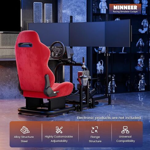 Minneer Stable Racing Simulator Cockpit with Red Suede Seat and Triple-screen monitor stand Fit for Logitech G29 G920, for Thrustmaster T248 T300, for Fanatec, Racing Wheel Stand, Wheel Pedal Handbrake Not Included in Kuwait