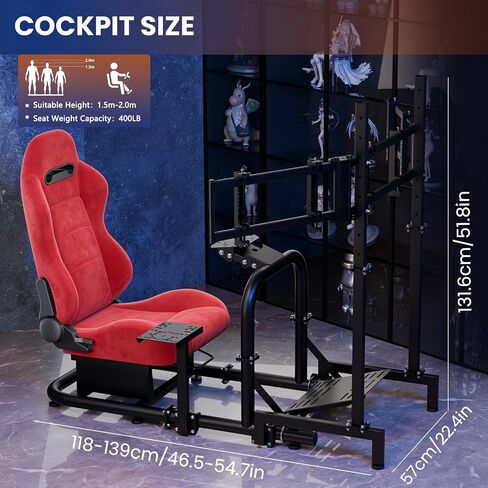 Minneer Stable Racing Simulator Cockpit with Red Suede Seat and Triple-screen monitor stand Fit for Logitech G29 G920, for Thrustmaster T248 T300, for Fanatec, Racing Wheel Stand, Wheel Pedal Handbrake Not Included in Kuwait