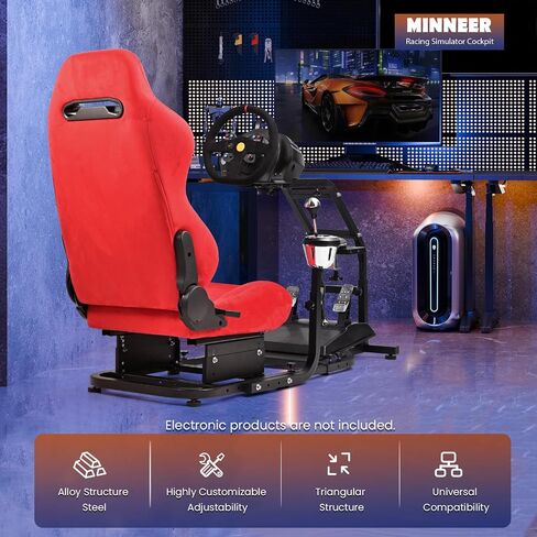 Minneer Adjustable Racing Simulator Cockpit with Red Suede Seats, fit for Logitech G Pro, for Thrustmaster T818, for Fanatec CSLDD, Electronics not included in Kuwait