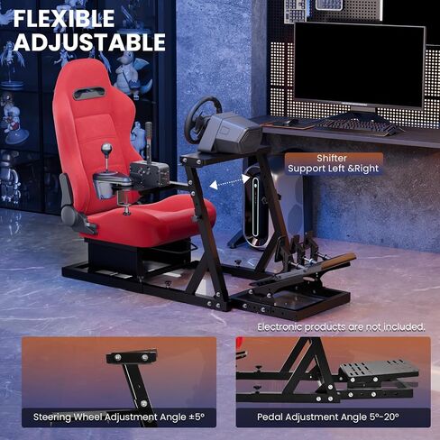 Minneer Adjustable Racing Simulator Cockpit with Red Suede Seat Fit for Logitech G27 G29 G920, for Thrustmaster T300RS GT, Racing Steering Wheel Cockpit, Wheel Pedals Not Included in Kuwait