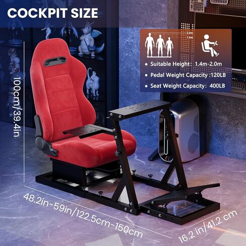 Minneer Adjustable Racing Simulator Cockpit with Red Suede Seat Fit for Logitech G27 G29 G920, for Thrustmaster T300RS GT, Racing Steering Wheel Cockpit, Wheel Pedals Not Included in Kuwait