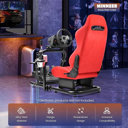 Minneer 50MM Adjustable Racing Cockpit with Red Suede Seat Fit for Logitech G29 G920 G923, for Thrustmaster, for Fanatec Adjustable Racing Wheel Stand, Gaming Race Cockpit Without Steering Wheel Pedal Shifter in Kuwait