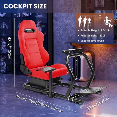 Minneer 50MM Adjustable Racing Cockpit with Red Suede Seat Fit for Logitech G29 G920 G923, for Thrustmaster, for Fanatec Adjustable Racing Wheel Stand, Gaming Race Cockpit Without Steering Wheel Pedal Shifter in Kuwait