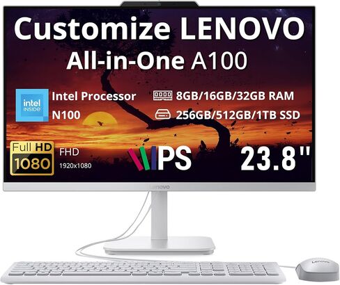 Hotface Customized Desktop, Created Using Lenovo A100 23.8" FHD Anti-Glare All-in-One Desktop, Intel Processor N100, 8GB/16GB/32GB DDR5, 256GB/512GB/1TB, Keyboard & Mouse, WiFi 6, Win 11, Grey in Kuwait
