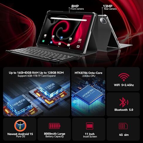 KADYBE Android 15 Tablet 11 inch, 2025 Latest Tablets with 16GB RAM 128GB ROM 1TB Expand, Tablet with Keyboard, 8000mAh Battery, Octa-Core MTK 8786 Tableta with 21 MP Camera, 11" Incell Screen in Kuwait