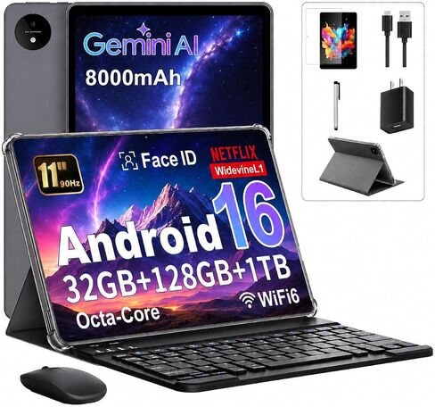 Android 16 Tablet 11 Inch with Gemini AI, 90Hz FHD Display, T7250 Octa-Core, 32GB RAM 128GB ROM / 1TB TF, 16MP+8MP Cameras, 8000mAh, GMS, Widevine L1, 2-in-1 Tablet with Keyboard, Mouse Stylus in Kuwait