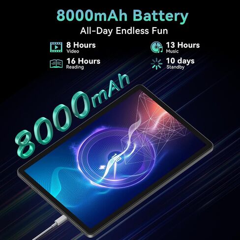 Android 16 Tablet 11 Inch with Gemini AI, 90Hz FHD Display, T7250 Octa-Core, 32GB RAM 128GB ROM / 1TB TF, 16MP+8MP Cameras, 8000mAh, GMS, Widevine L1, 2-in-1 Tablet with Keyboard, Mouse Stylus in Kuwait