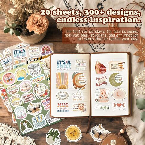 300PCS Boho Motivational Stickers, Vintage Vinyl Inspirational Affirmation Sticker Pack for Adults & Teens, Journaling, Kindle, Laptop & Water Bottles in Kuwait