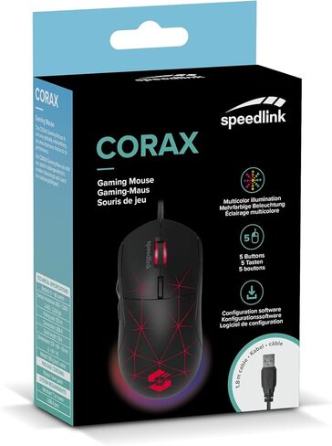 Speedlink CORAX Gaming Mouse with cable, multi-colour LED lighting, USB connection, 5 programmable buttons PC mouse wired, DPI switch up to 3,200 dpi, sheathed cable, black in Kuwait