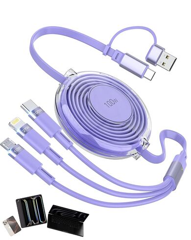 5-in-1 100W Retractable Multi Charging Cable, 5A Fast Charging Cables for Multiple Devices with Lightning/Type C/Micro USB Ports, USB Multi Charger Cords for iPhone 16 15 14, iPad, MacBook, Tablet in Kuwait