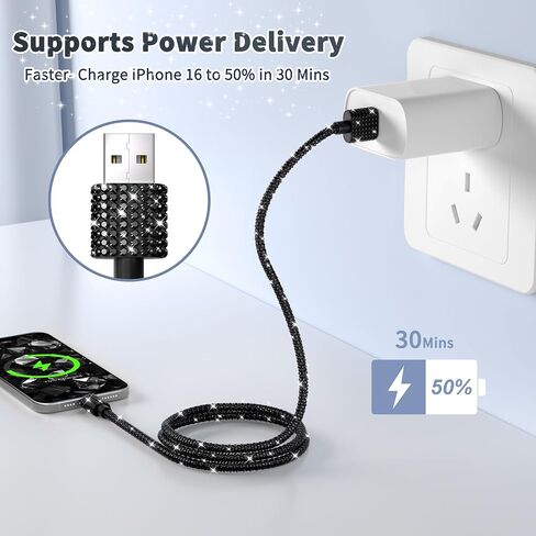 USB Cable 3FT USB Lighti-ning Bling Phone Black Charger Cord for iPhone 14 in Kuwait