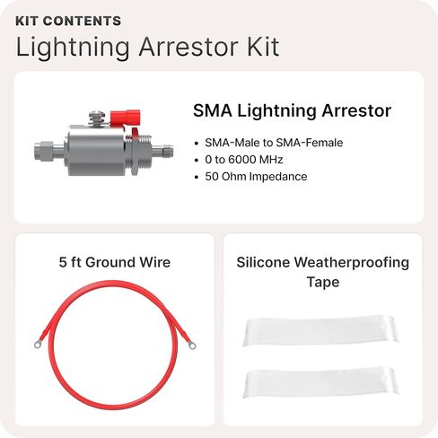 Waveform 50 Ohm Lightning Surge Protector Kit with SMA Connectors, DC - 6000 MHz | 5' Cable + 10 AWG Ground Wire| for 4G LTE, 5G, Wi-Fi, Cell Signal Booster, & Other Outdoor Antennas in Kuwait