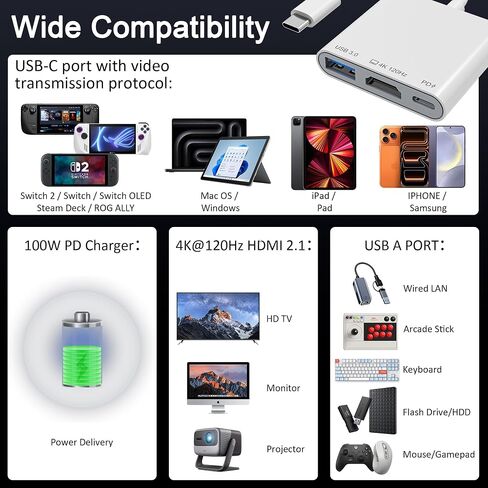USB-C to HDMI Adapter for iPhone 15/16/17 to TV, 4K@120Hz Ultra HD Display with HDMI 2.1, 100W PD Charging & USB Port, Travel Adapter for MacBook/iPad/Samsung Galaxy/Switch 2 in Kuwait