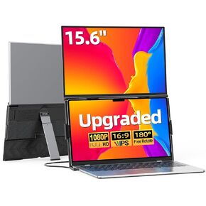15.6" Dual Laptop Screen Extender - Ultra Thin & Lightweight (2.2lb) Stacked Foldable Portable Monitor, FHD 1080P Ergonomic Travel Display, Plug & Play USB-C/HDMI for 13-17.3" Mac/Windows Laptops in Kuwait
