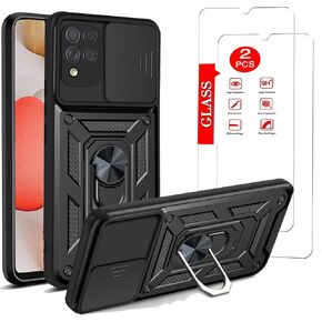 for Samsung Galaxy A42 5G Case with [2 Pack] Tempered Glass Screen Protector, for Galaxy A42 Heavy Duty Armor [Military-Grade] Protective, with Lens Protects Magnetic Ring Stand Cover Black in Kuwait