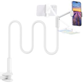 SAIJI Gooseneck Phone Holder for Bed, 360° Rotate Support Rod One-Hand Adjustable Cell Phone Stand, Compatible with All 4.7-7" Devices (White) in Kuwait