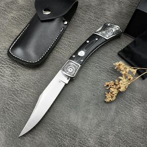 HUAAO Outdoor Folding Knife ，D2 Steel Blade，Micarta Handle with Leather Sheath，EDC Camping Pocket Knives for Men (Black) in Kuwait