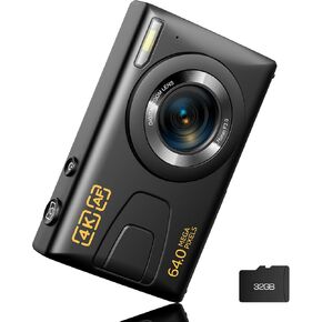 Digital Camera 4K 64MP Vlogging Camera Autofocus Point and Shoot Digital Cameras for Photography Camera for Kid Student Children Teen Girl Boy, 18X, 2 Batteries, 32GB Card, Black in Kuwait