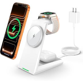 3 in 1 Magnetic Wireless Charging Station - 15W Fast Charging for iPhone 17/16/15/14/13/12, Compatible with MagSafe, for Apple Watch & AirPods, Auto-Dimming Light for Nightstand, Includes 30W Adapter in Kuwait