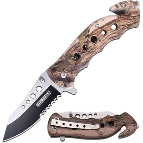 Tac-Force Pocket Folding Pocket Knife – Black/Satin, Partially Serrated Blade, Brown Camo Coated Aluminum Handle, Rope Cutter, Glass Punch, Pocket Clip, Tactical, EDC, Rescue - TF-498BC in Saudi Arabia