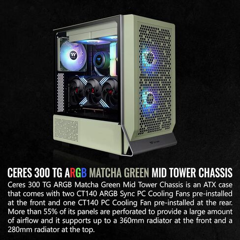 Thermaltake Ceres 300 Matcha Green Mid Tower E-ATX Computer Case with Tempered Glass Side Panel; 2xCT140 ARGB Fan Preinstalled; Rotational PCIe Slots; CA-1Y2-00MEWN-00; 3 Years Warranty in Kuwait