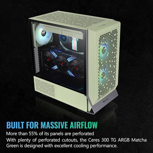 Thermaltake Ceres 300 Matcha Green Mid Tower E-ATX Computer Case with Tempered Glass Side Panel; 2xCT140 ARGB Fan Preinstalled; Rotational PCIe Slots; CA-1Y2-00MEWN-00; 3 Years Warranty in Kuwait