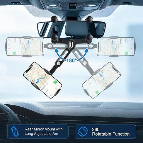 alpmosn Car Phone Holder, Anti-Shake Rear View Mirror Phone Holder for Car, 360° Rotating and Retractable Rearview Mobile Holder for Car, Fit for Almost Smartphones & Bigger Vehicle in Kuwait
