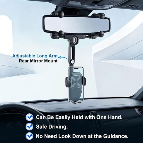 alpmosn Car Phone Holder, Anti-Shake Rear View Mirror Phone Holder for Car, 360° Rotating and Retractable Rearview Mobile Holder for Car, Fit for Almost Smartphones & Bigger Vehicle in Kuwait